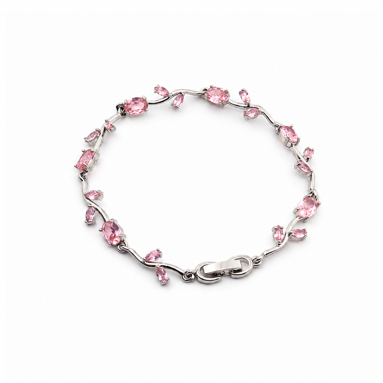 Silver Pink Crystal Floral Tulip Bracelet