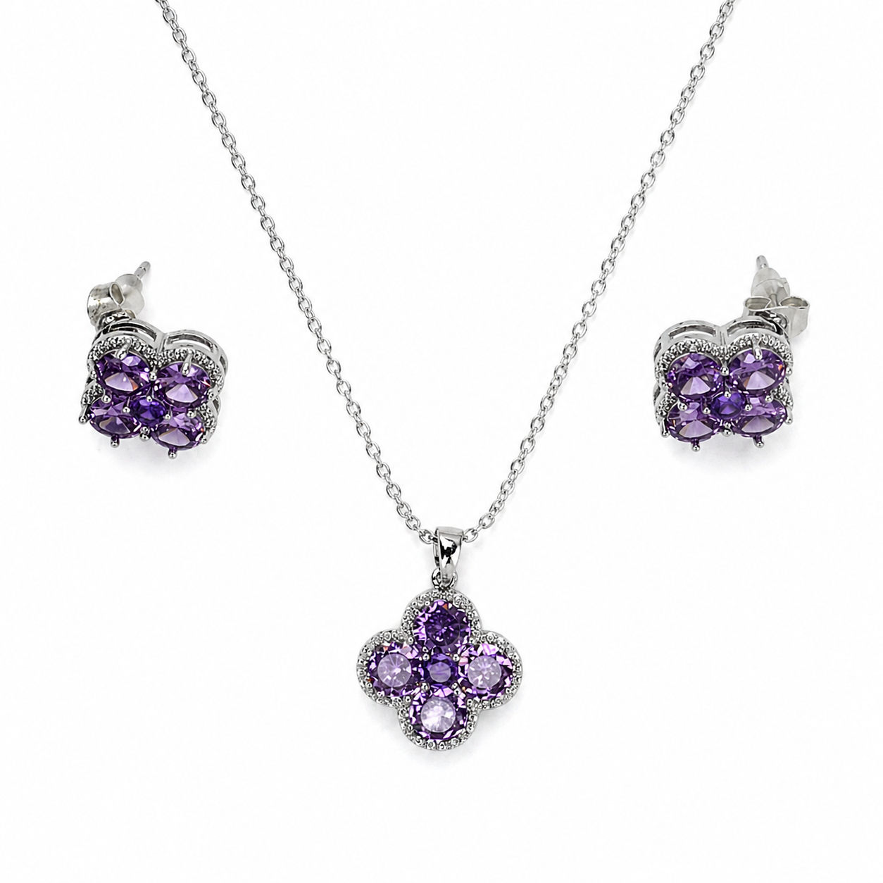 Diamond Purple Flower Necklace Set