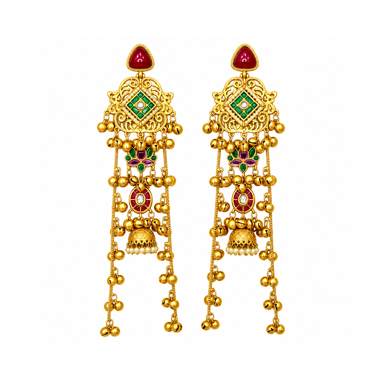Gold Plated Temple Design Long Kashmiri Earrings