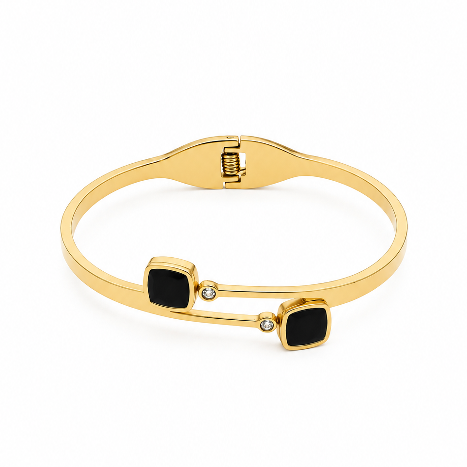 Elegant Golden Bangle Bracelet With Square Black Stones
