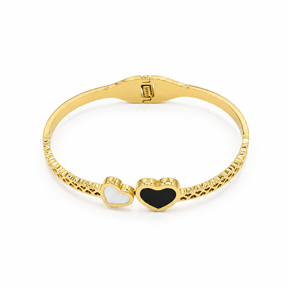 White And Black Double Heart Bangle Bracelet
