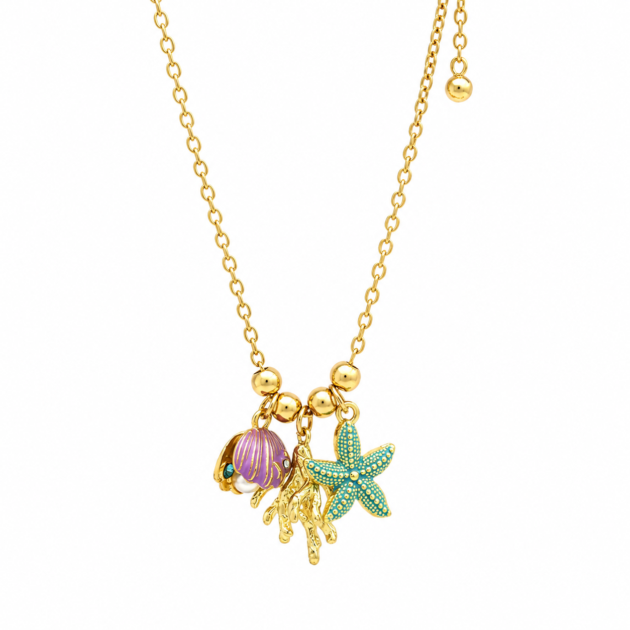 Gold Plated Starfish and Seashell Charm Necklace