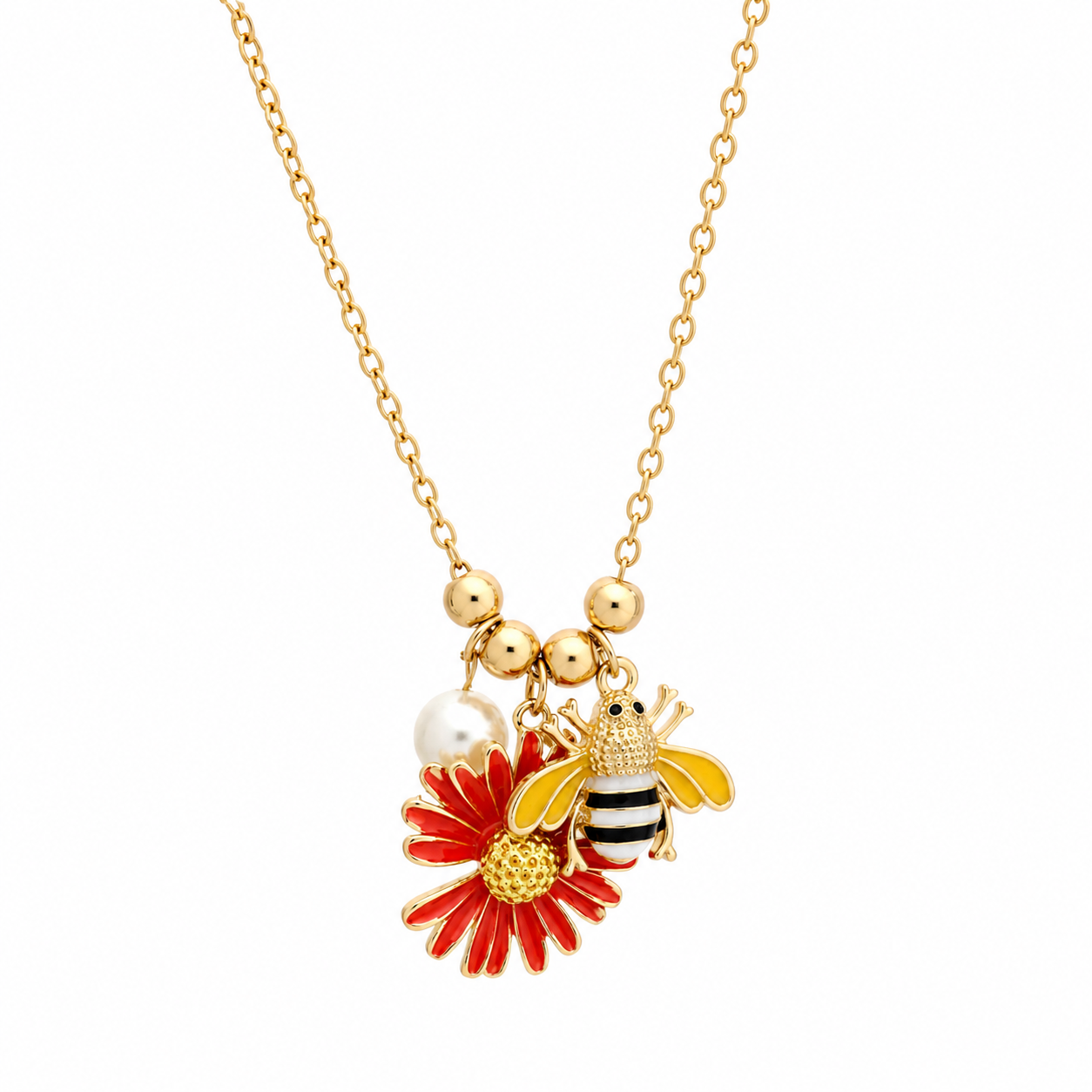 Gold Plated Bee & Red Daisy Charm Necklace